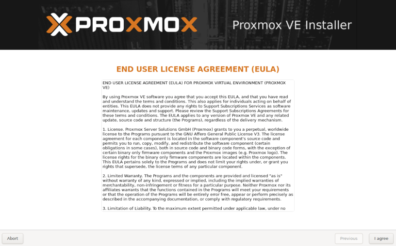 Proxmox Boot Screenshot - EULA