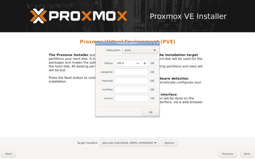 Proxmox Boot Screenshot - Disks Options