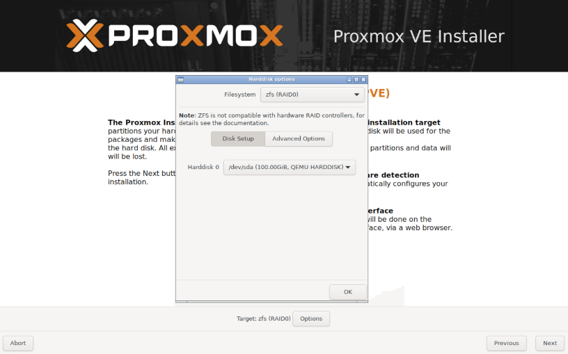 Proxmox Boot Screenshot - Disks Options ZFS