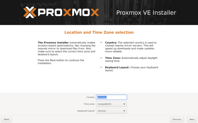 Proxmox Boot Screenshot - Location and Time Zone