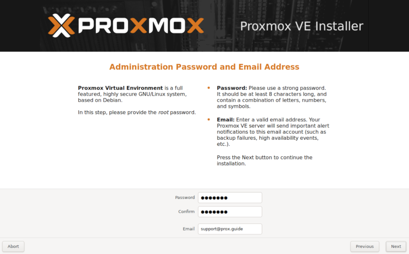 Proxmox Boot Screenshot - Password and E-Mail